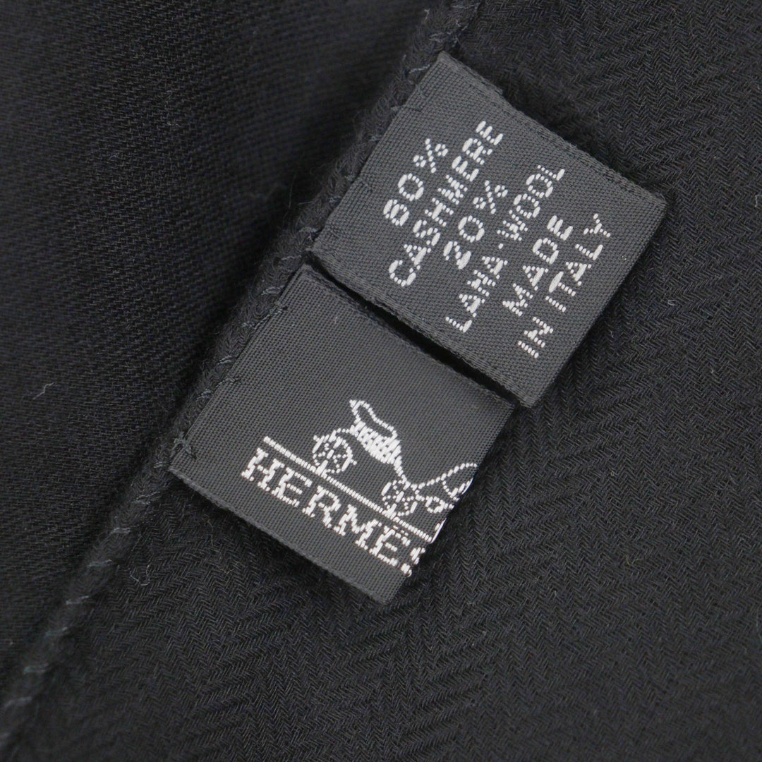 美品▼HERMES エルメス カシミヤ ウール Hロゴ フリンジ付き 大判 マフラー ストール ブラック イタリア製 メンズ レディース