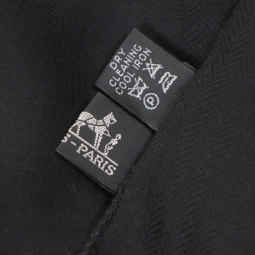 美品▼HERMES エルメス カシミヤ ウール Hロゴ フリンジ付き 大判 マフラー ストール ブラック イタリア製 メンズ レディース