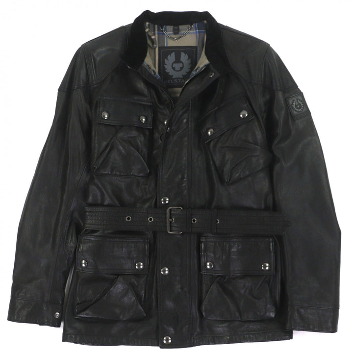 美品▼BELSTAFF ベルスタッフ panther jacket コーデュロイ使い ワッペン・ベルト付き WZIPUP レザーコート ブラック 46 正規品 メンズ
