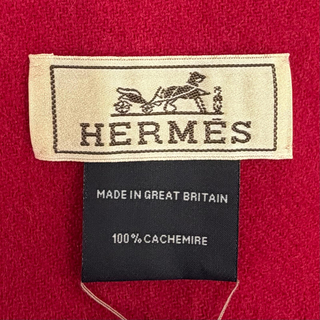 未使用品◇HERMES エルメス カシミヤ100％ ロゴ刺繍 フリンジ付き マフラー ストール レッド 箱付き 英国製 レディース