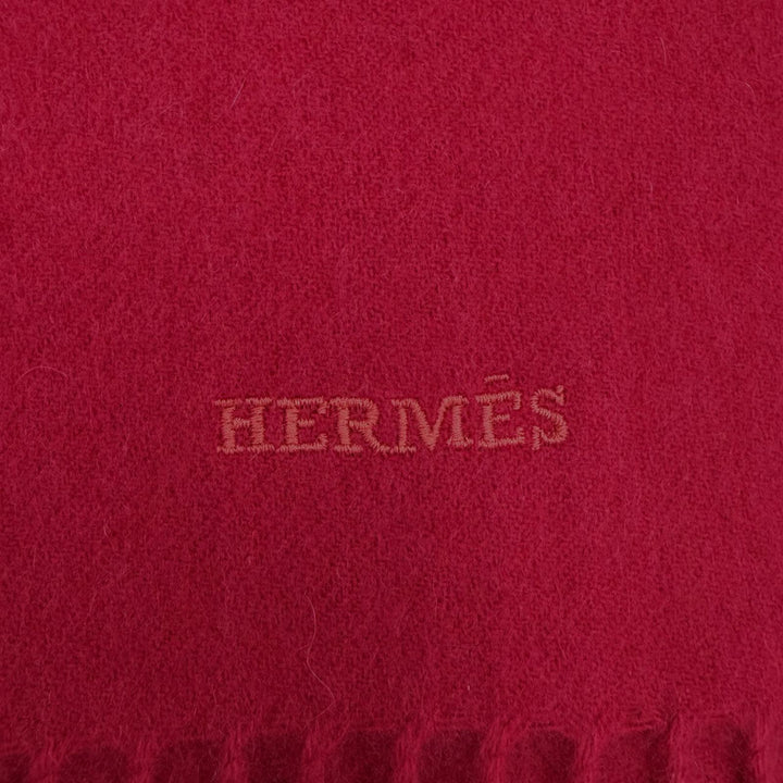 未使用品◇HERMES エルメス カシミヤ100％ ロゴ刺繍 フリンジ付き マフラー ストール レッド 箱付き 英国製 レディース