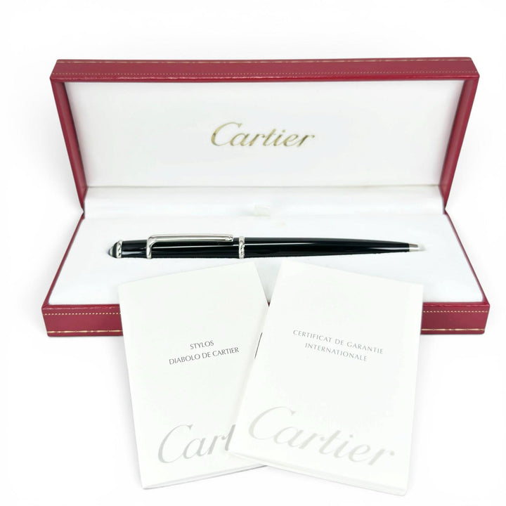 極美品▲Cartier カルティエ ディアボロ ドゥ カルティエ ブルージェムストーン ツイスト式 ボールペン ブラック シルバー 仏製 メンズ