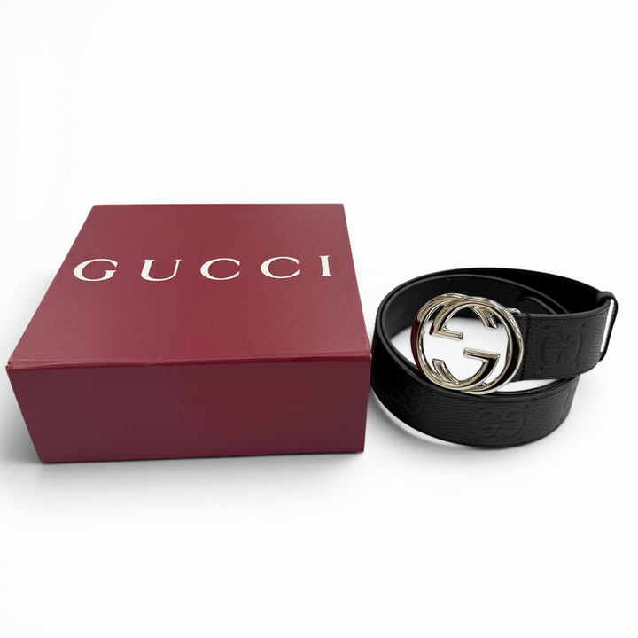 美品▼GUCCI グッチ 794196 レザー GG柄 インターロッキングG ピンバックル ワイドベルト ブラック シルバー金具 90/36 メンズ 箱付き