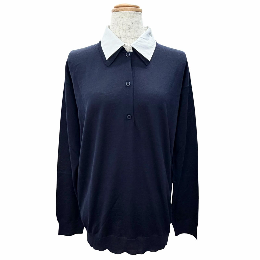 未使用品△PRADA プラダ 2024年製 DNA00T バージンウール100％ 襟付き 2WAY 長袖 ニット ポロシャツ ネイビー 44 正規品 レディース