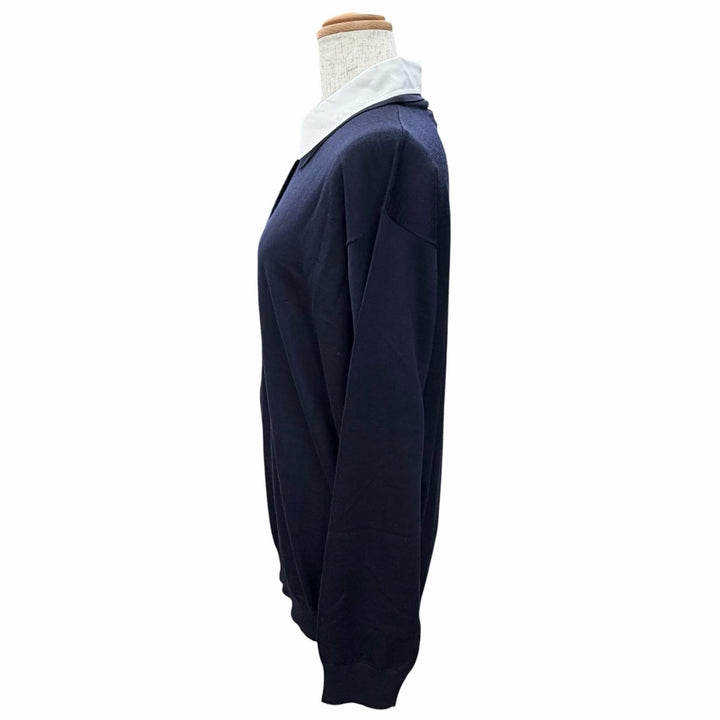 未使用品△PRADA プラダ 2024年製 DNA00T バージンウール100％ 襟付き 2WAY 長袖 ニット ポロシャツ ネイビー 44 正規品 レディース