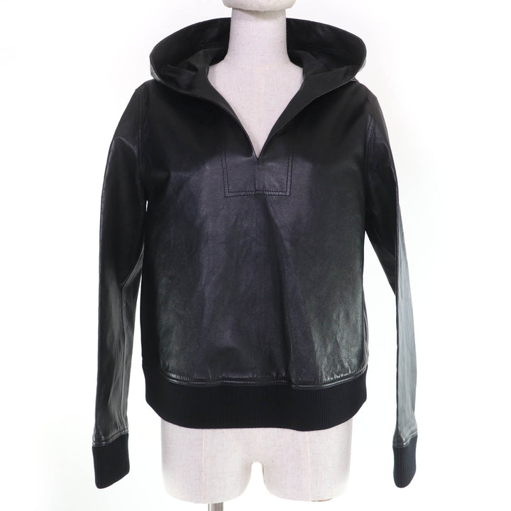 極美品☆BURBERRY バーバリー ニット切替 ラムレザー フード付 パーカー トップス ブラック 38 イタリア製 正規品 レディース