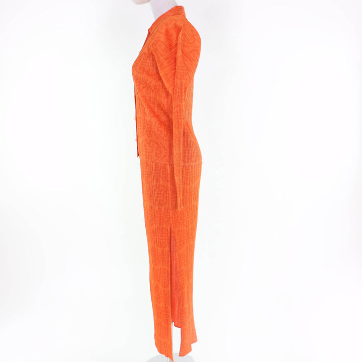 極美品☆PLEATS PLEASE プリーツプリーズ イッセイミヤケ 総柄デザイン シャツ/スリットスカート セットアップ オレンジ 3 正規品