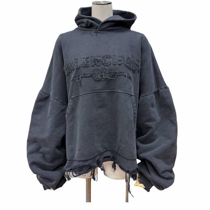 未使用品★バレンシアガ 24-25SS 783397 コットン100％ フレイドデストロイ加工 クロップド丈 パーカー 4 正規品 ユニセックス