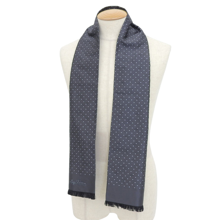極美品▲LOUIS VUITTON ルイヴィトン 401910 シルク100％ シャドーモノグラム ドット柄 フリンジ付 ストール ブラック イタリア製 正規品