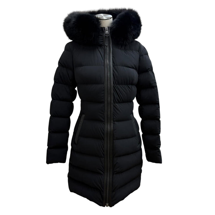 極美品★MACKAGE マッカージュ 11542632 CALLA-BX ロゴパッチ付 レザー使い FOXファー ZIP UP ダウンコート ブラック XS 正規品