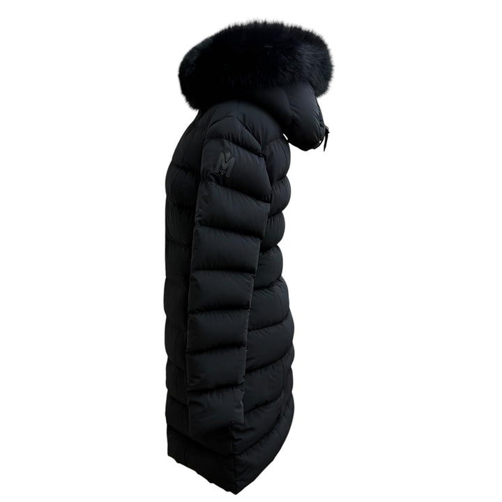 極美品★MACKAGE マッカージュ 11542632 CALLA-BX ロゴパッチ付 レザー使い FOXファー ZIP UP ダウンコート ブラック XS 正規品