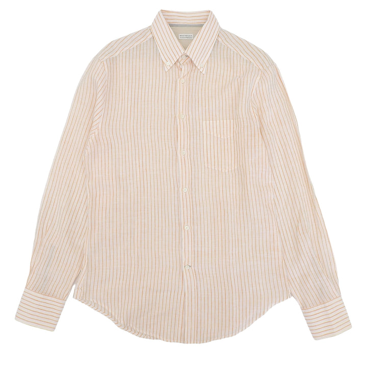 美品▲Brunello Cucinelli ブルネロクチネリ リネン100% ストラップ柄 ボタンダウン ロングスリーブ 長袖シャツ オレンジ アイボリー L