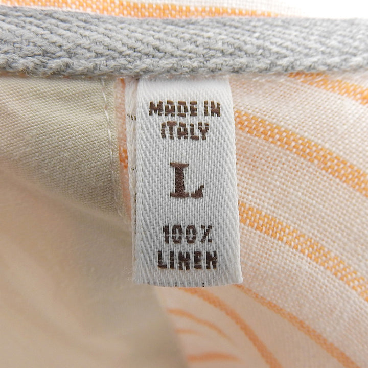 美品▲Brunello Cucinelli ブルネロクチネリ リネン100% ストラップ柄 ボタンダウン ロングスリーブ 長袖シャツ オレンジ アイボリー L