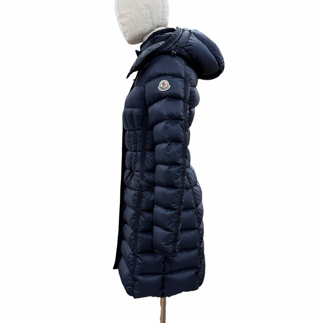美品◇MONCLER モンクレール C20934930005 HERMINE エルミンヌ ロゴワッペン フード付 ダブルZIP ダウンコート ネイビー 00 レディース