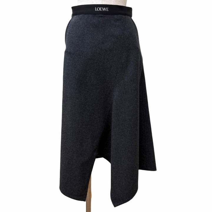 極美品★LOEWE ロエベ S359Y08X79 ウール カシミヤ混 ロゴ入り アシンメトリー スカート チャコールグレー 34 イタリア製 正規品