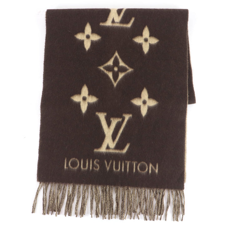 美品☆LOUIS VUITTON ルイヴィトン 401486 エシャルプ・レイキャビック カシミヤ100％ モノグラム フリンジ付 マフラー ブラウン 正規品