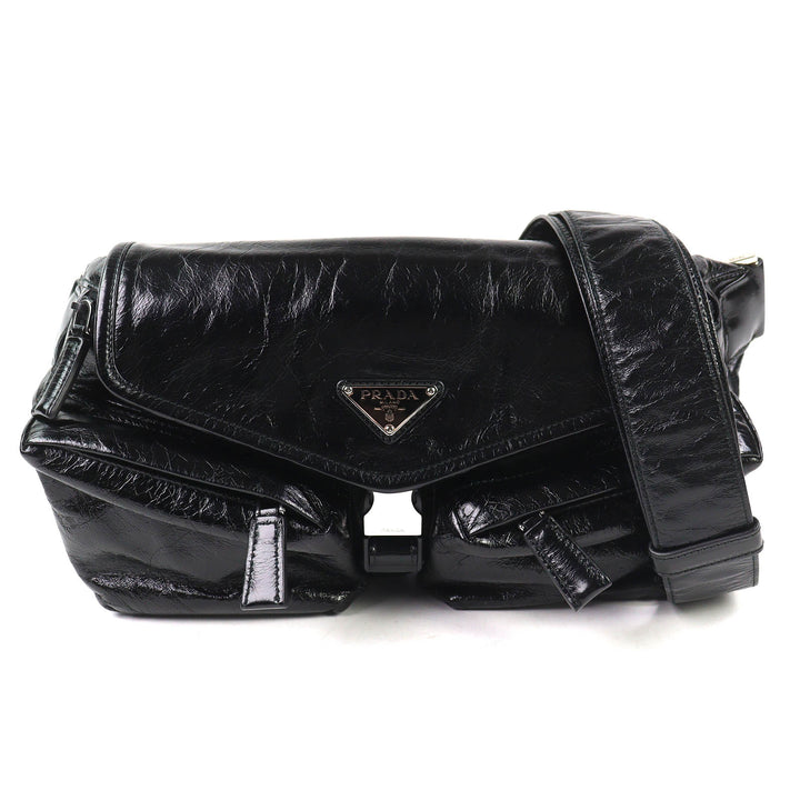 美品△PRADA プラダ 2VH174 トライアングルロゴ レザー ショルダーバッグ ボディバッグ ブラック 保存袋付き イタリア製 メンズ オススメ