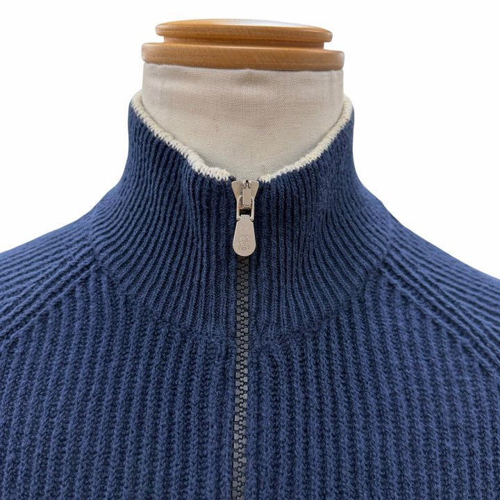 美品▼Brunello Cucinelli ブルネロクチネリ コットン100% スタンドカラー WZIPUP ニットジャケット ネイビー 46 伊製 正規品 メンズ