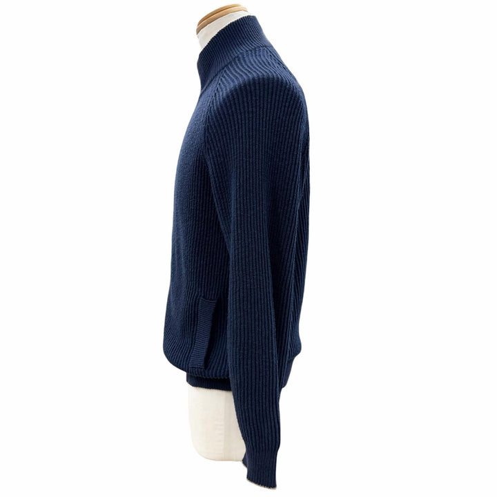 美品▼Brunello Cucinelli ブルネロクチネリ コットン100% スタンドカラー WZIPUP ニットジャケット ネイビー 46 伊製 正規品 メンズ