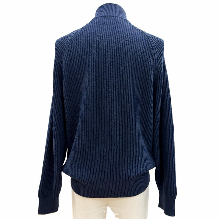 美品▼Brunello Cucinelli ブルネロクチネリ コットン100% スタンドカラー WZIPUP ニットジャケット ネイビー 46 伊製 正規品 メンズ