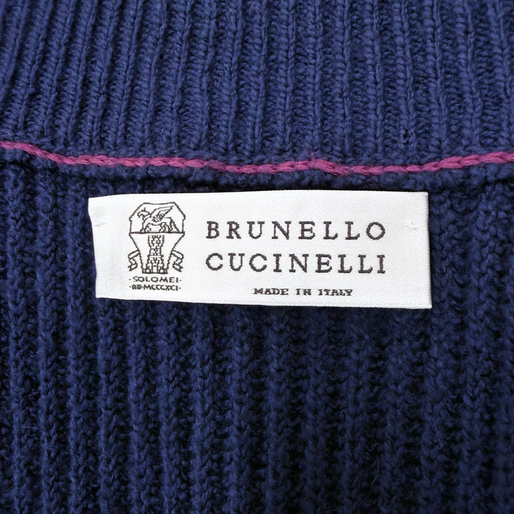美品▼Brunello Cucinelli ブルネロクチネリ コットン100% スタンドカラー WZIPUP ニットジャケット ネイビー 46 伊製 正規品 メンズ