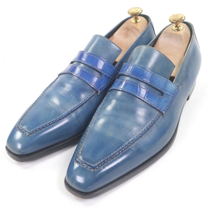 美品□Berluti ベルルッティ アンディ パティーヌレザー クロコダイル 50周年記念モデル コインローファー ペニーローファー ブルー 8