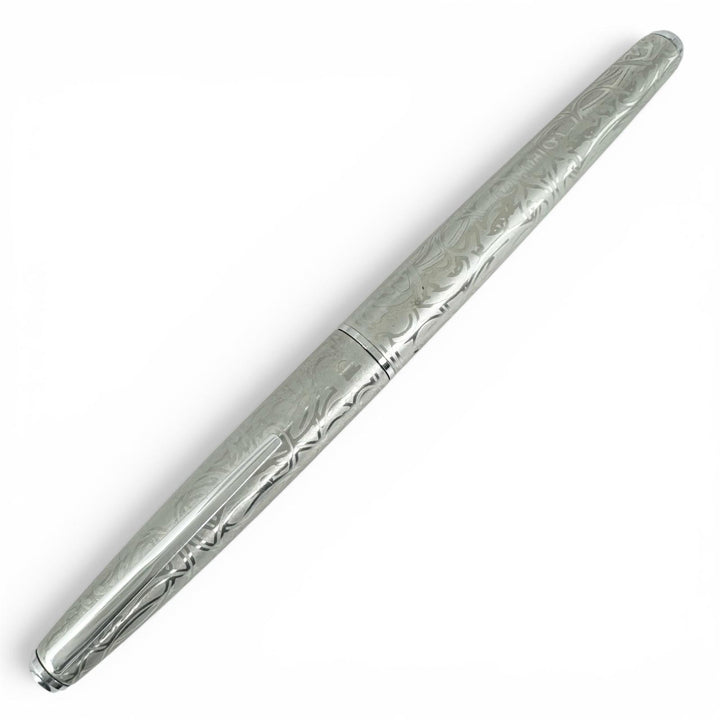 美品▲PLATINUM プラチナ ペン先K18WG 唐草模様 細字 カートリッジ式 ヴィンテージ 万年筆 筆記具 シルバー メンズ