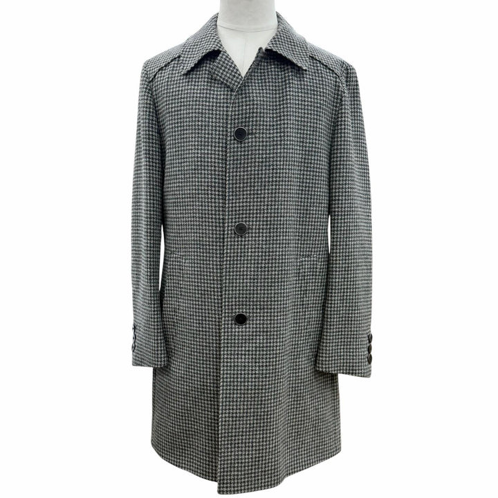 極美品▼HUGO BOSS ヒューゴボス ウール100% ツイード 千鳥格子柄 ロゴプレート付き ステンカラーコート グレー系 46 正規品 メンズ