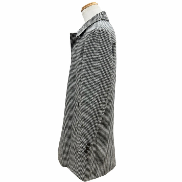 極美品▼HUGO BOSS ヒューゴボス ウール100% ツイード 千鳥格子柄 ロゴプレート付き ステンカラーコート グレー系 46 正規品 メンズ