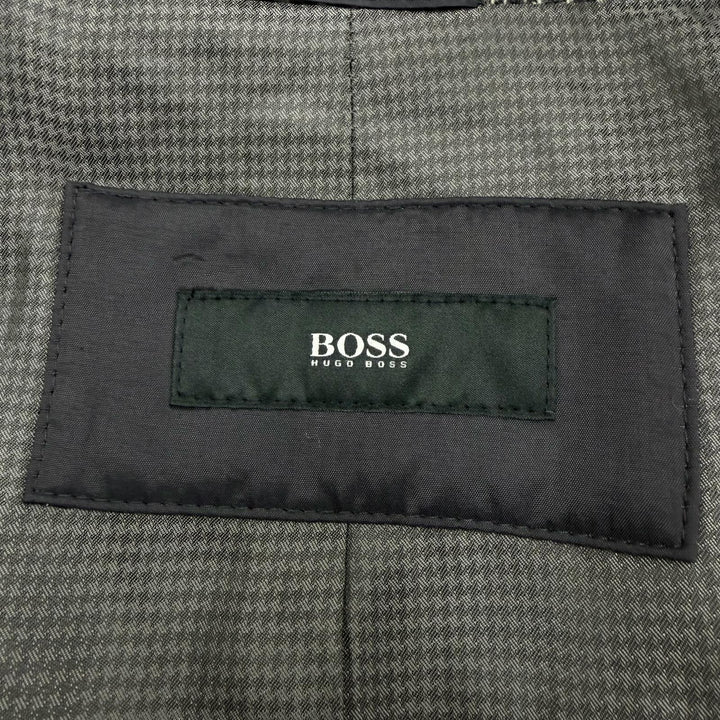 極美品▼HUGO BOSS ヒューゴボス ウール100% ツイード 千鳥格子柄 ロゴプレート付き ステンカラーコート グレー系 46 正規品 メンズ