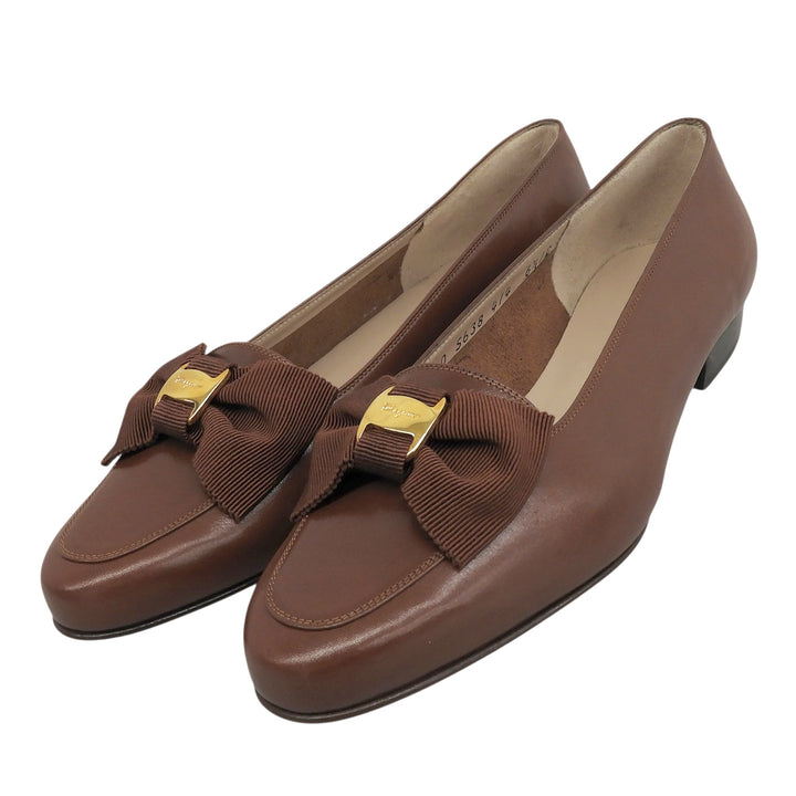 未使用品▲Salvatore Ferragamo サルヴァトーレフェラガモ NURSE ヴァラリボン レザー パンプス ブラウン 6 1/2 C イタリア製 レディース