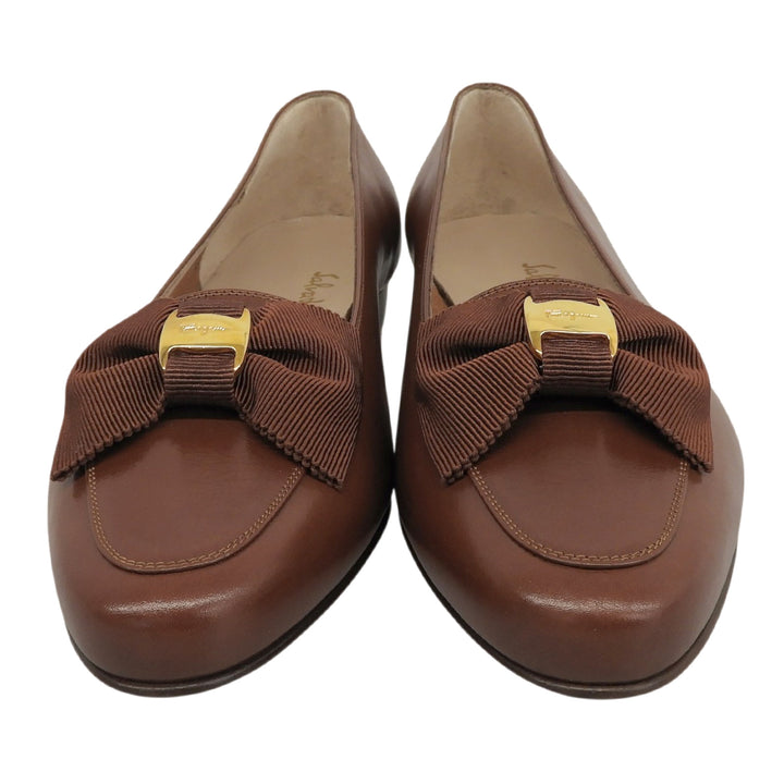 未使用品▲Salvatore Ferragamo サルヴァトーレフェラガモ NURSE ヴァラリボン レザー パンプス ブラウン 6 1/2 C イタリア製 レディース