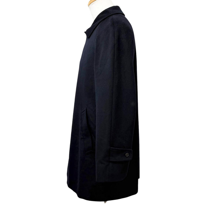 美品□Aquascutum アクアスキュータム カシミヤ100％ フライフロント ミドル丈 ステンカラーコート ネイビー 34 日本製 正規品 メンズ