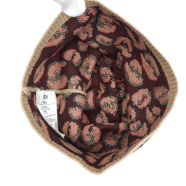 極美品▲FENDI フェンディ FXQ538 ウール FFロゴ レオパード ニットキャップ ビーニー ニット帽 ベージュ ONE SIZE 正規品 レディース