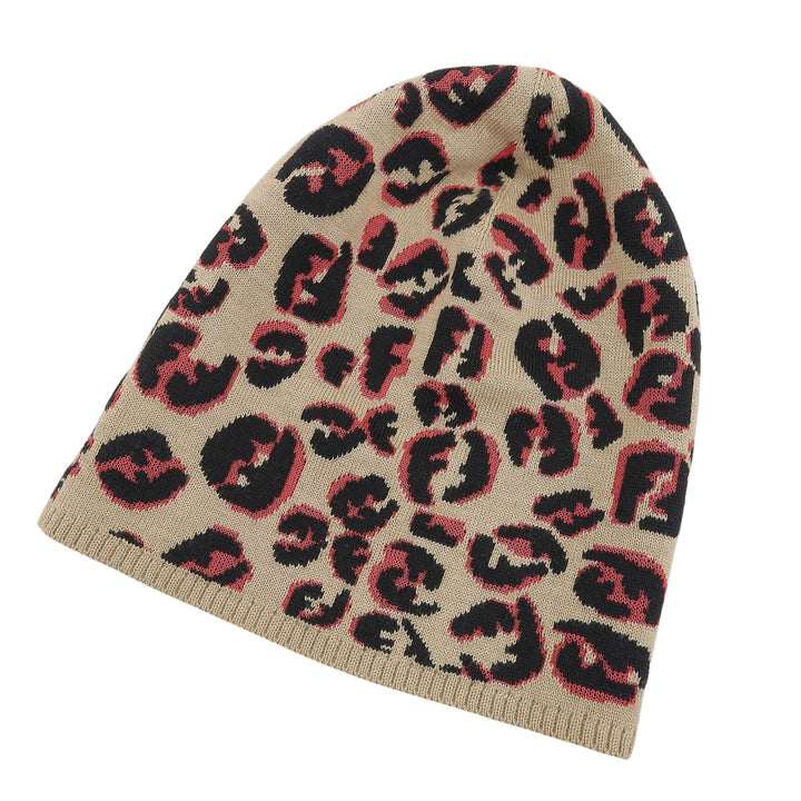 極美品▲FENDI フェンディ FXQ538 ウール FFロゴ レオパード ニットキャップ ビーニー ニット帽 ベージュ ONE SIZE 正規品 レディース