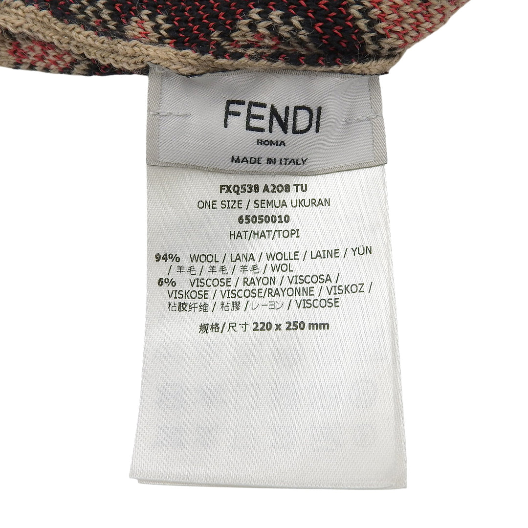 極美品▲FENDI フェンディ FXQ538 ウール FFロゴ レオパード ニットキャップ ビーニー ニット帽 ベージュ ONE SIZE 正規品 レディース