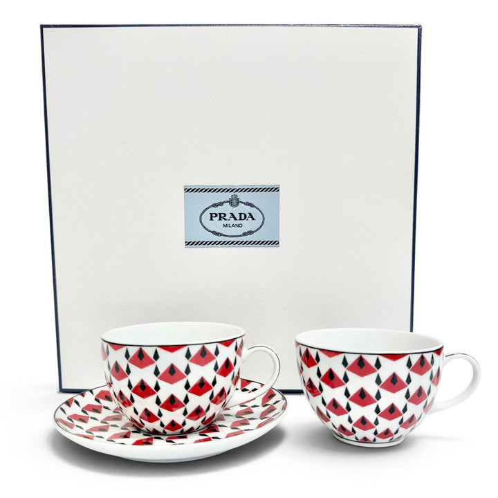 極美品△PRADA プラダ ホームコレクション ポーセリン ティーカップ セット Vienna Red カップ ソーサー 食器 レッド ホワイト ブラック