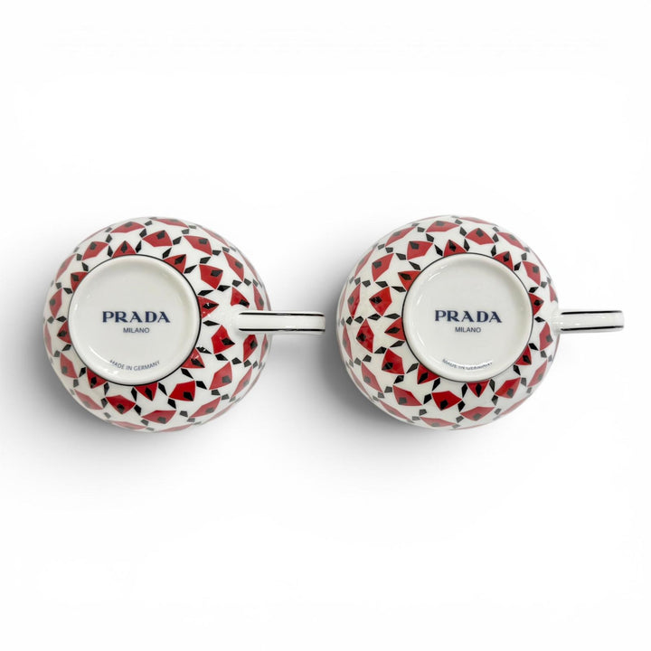 極美品△PRADA プラダ ホームコレクション ポーセリン ティーカップ セット Vienna Red カップ ソーサー 食器 レッド ホワイト ブラック