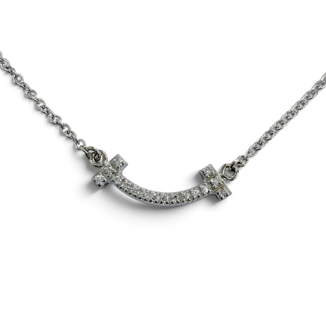 美品☆TIFFANY&amp;Co. ティファニー ティファニーT スマイル ペンダント ミニ AU750(WG) ダイヤモンド ホワイトゴールド 重量2.32g 保袋付