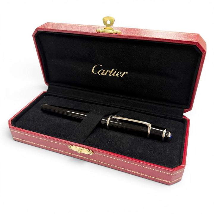 美品▼Cartier カルティエ ディアボロ ドゥ カルティエ ペン先18K ブルージェムストーン Bニブ 万年筆 ブラック シルバー ドイツ メンズ