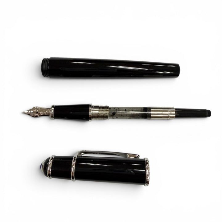 美品▼Cartier カルティエ ディアボロ ドゥ カルティエ ペン先18K ブルージェムストーン Bニブ 万年筆 ブラック シルバー ドイツ メンズ