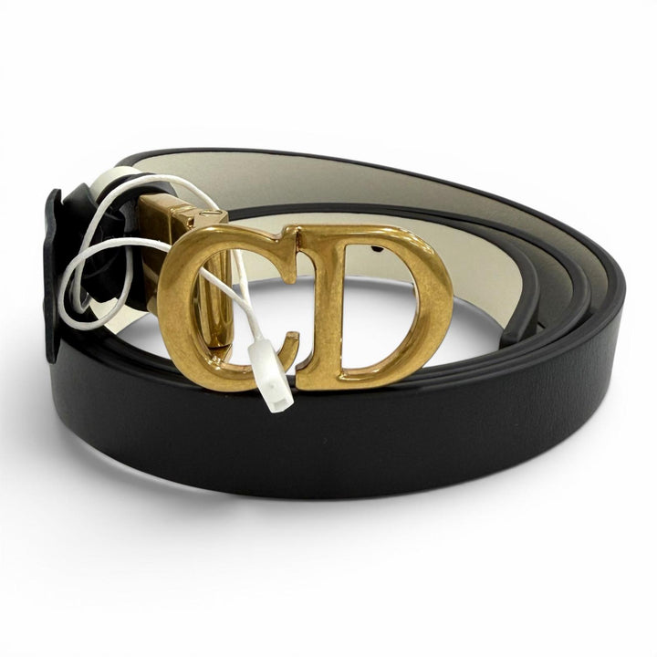 未使用品◇Christian Dior クリスチャンディオール リバーシブル CDロゴバックル レザー ベルト ブラック ホワイト ゴールド金具 85 伊製