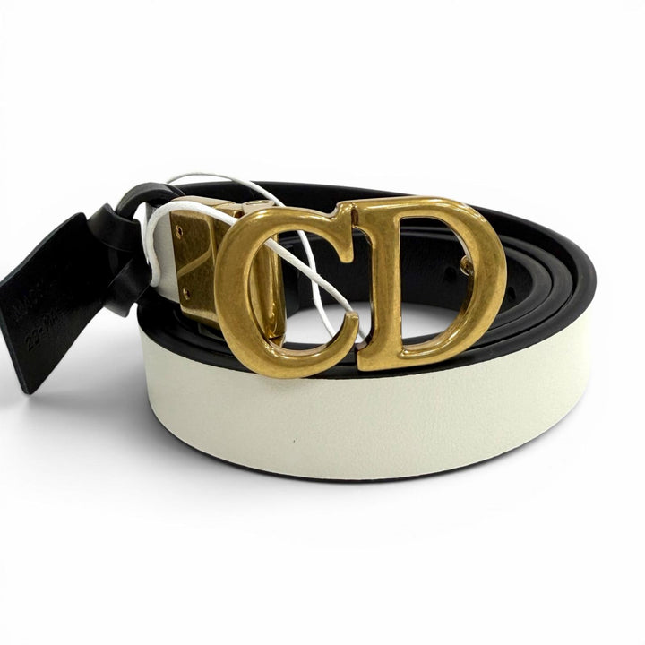 未使用品◇Christian Dior クリスチャンディオール リバーシブル CDロゴバックル レザー ベルト ブラック ホワイト ゴールド金具 85 伊製