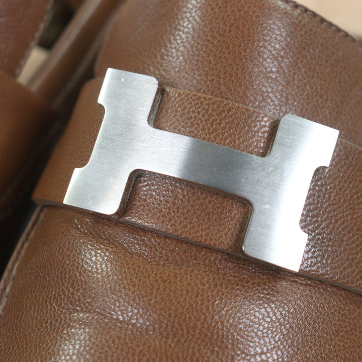 美品□HERMES エルメス レザー コンスタンス Hロゴ シルバー金具 モカシン ローファー ブラウン 46 保存袋付き イタリア製 メンズ