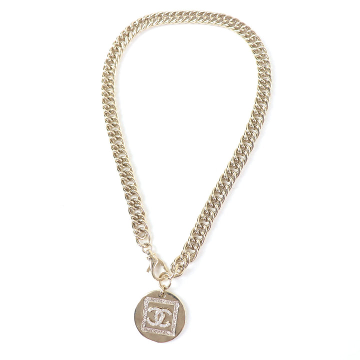 美品☆CHANEL シャネル B23P メタル ココマーク ラインストーン付 コインネックレス チョーカー ゴールド イタリア製 レディース