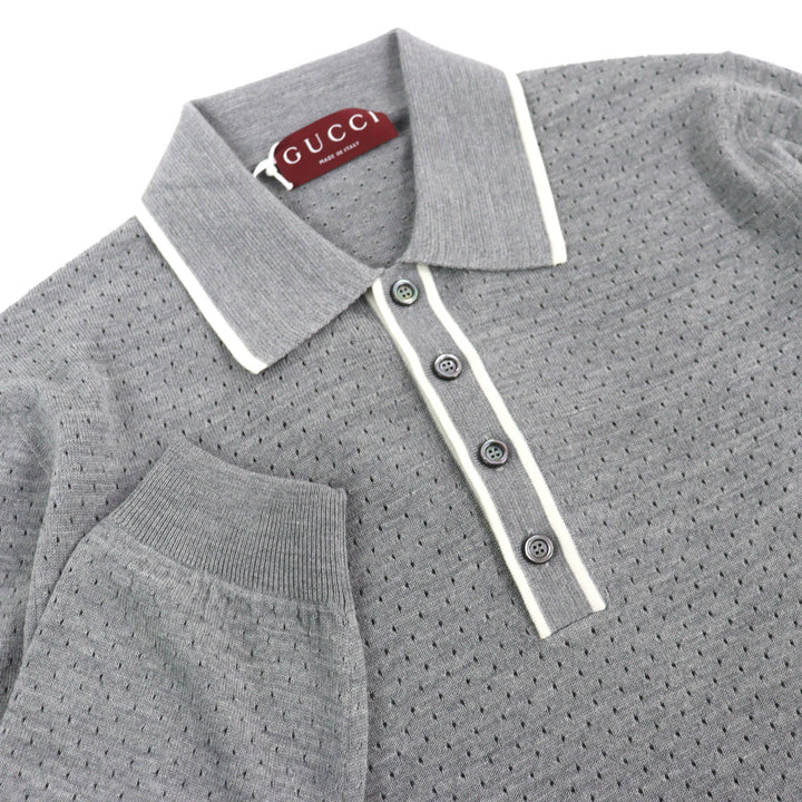 未使用品△GUCCI グッチ 25AW 824573 ウール100％ ロゴ ニット 長袖ポロシャツ グレー M イタリア製 正規品 メンズ オススメ◎