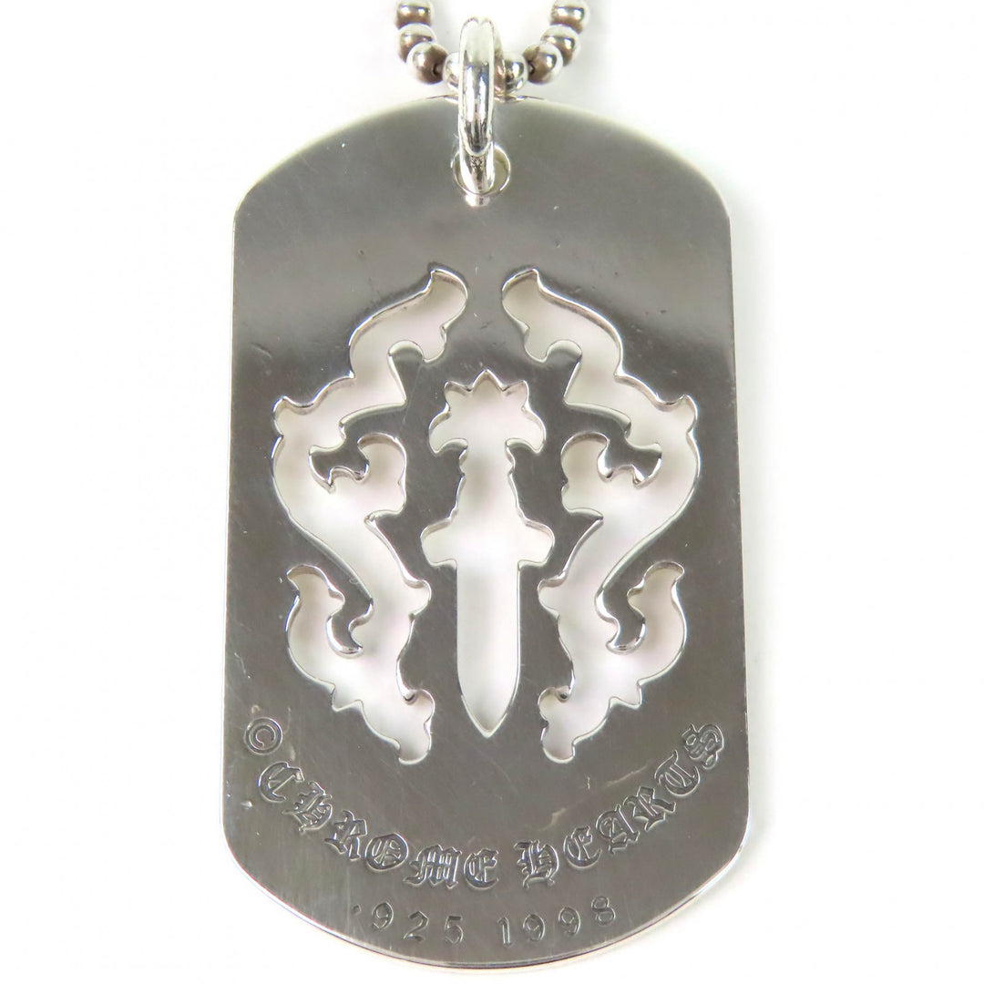 美品△CHROME HEARTS クロムハーツ 925 ヴァインダガーカットアウトドッグタグ ボールチェーン社外品 ネックレス シルバー 重量32.17g