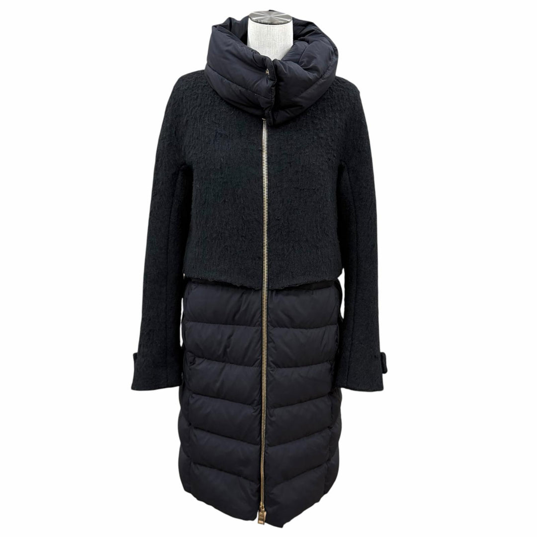 美品★Herno ヘルノ CA0275D バージンウール モヘア混 スヌード付 切替デザイン ZIP UP ノーカラー ダウンコート ブラック IT 40 正規品