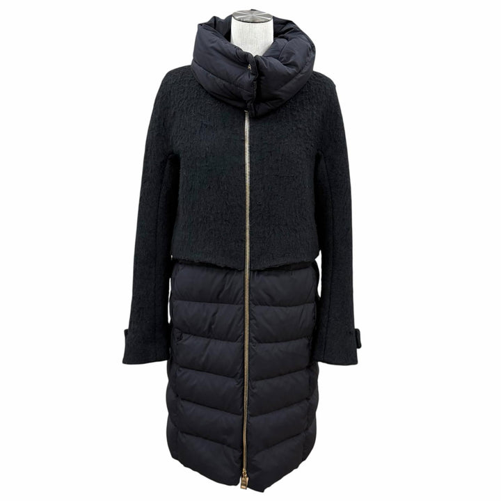 美品★Herno ヘルノ CA0275D バージンウール モヘア混 スヌード付 切替デザイン ZIP UP ノーカラー ダウンコート ブラック IT 40 正規品