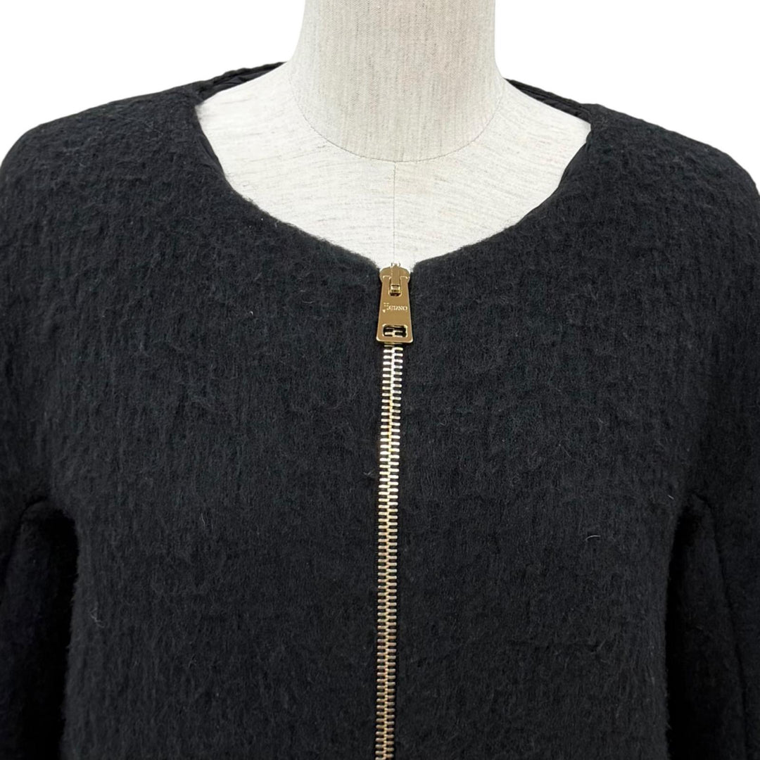 美品★Herno ヘルノ CA0275D バージンウール モヘア混 スヌード付 切替デザイン ZIP UP ノーカラー ダウンコート ブラック IT 40 正規品